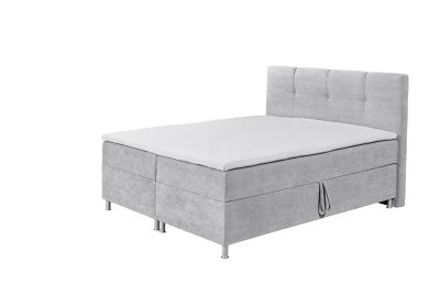 Boxspringbett „Curio 80 Silver“ mit Schaum-Topper und Bettkasten, aus schräger Perspektive fotografiert, Liegefläche ohne Kissen