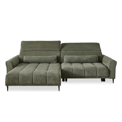 Modernes Ecksofa in grünem Cordstoff mit klarer Linienführung und schwarzen Metallfüßen.