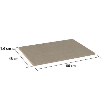 Rechteckiger Einlegeboden in naturfarbener Leinenoptik, daneben Maßangaben 66 cm Breite, 48 cm Tiefe und 1,6 cm Stärke