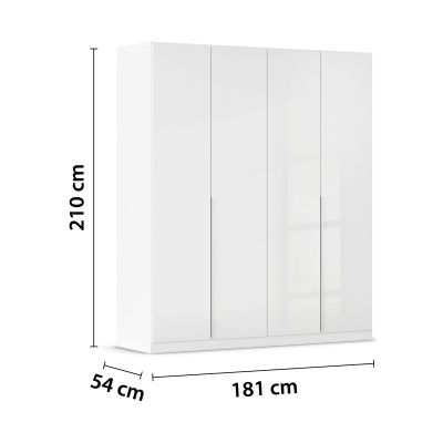 Weißer Drehtürenschrank in Hochglanz mit vier Türen und den Maßen 181 cm Breite, 210 cm Höhe und 54 cm Tiefe