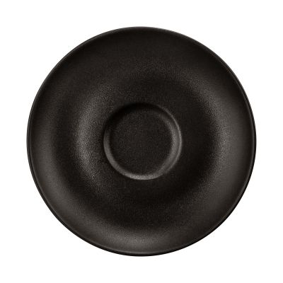 Untertasse in Mattschwarz. Sichtbare Merkmale: rund mit mittiger Tassenmulde. Darstellung: Draufsicht.