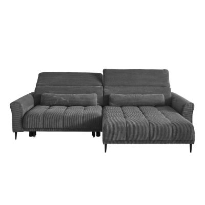 Großes Ecksofa in grauem Cordstoff mit geradlinigem Design und schwarzen Füßen.