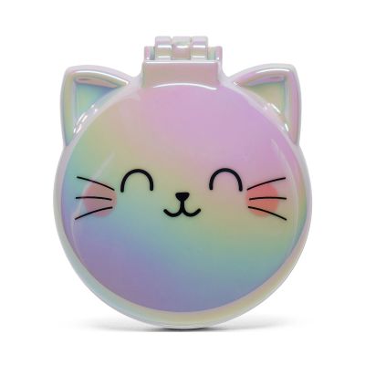 Runde Haarbürste mit Spiegel im Katzen-Design, als runde geschlossene Tierfigur frontal dargestellt.