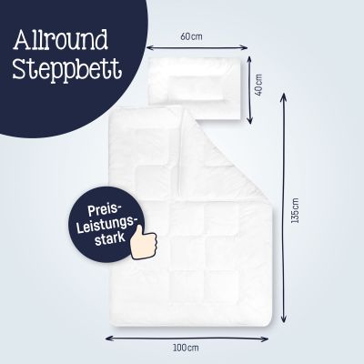 Grafik eines weißen Steppbett-Sets mit Maßangaben für Decke und Kissen