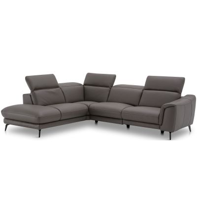 Graues Ecksofa in L Form mit mehrfach verstellbaren Kopfstützen und Metallfüßen