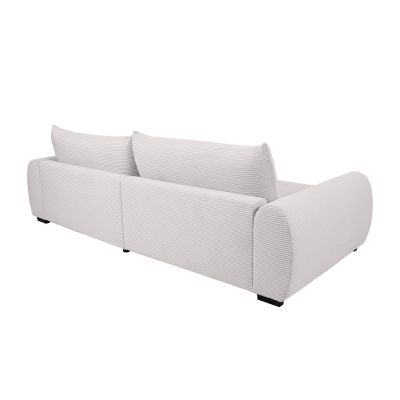 Rückseitige Ansicht des vollständig mit weißem Cord bezogenen Ecksofas mit gepolsterten Rückenelementen und schwarzen Kunststofffüßen