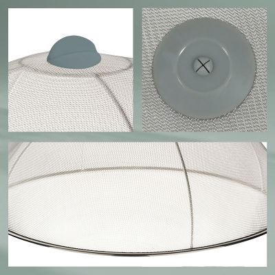 Bildcollage mit Detailansichten der Speisenetzhaube mit Griff, Netzgewebe und stabilem Rahmen