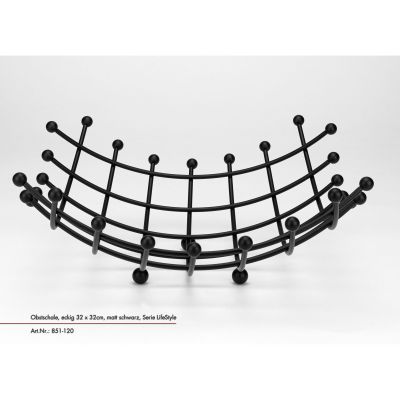 Obstschale 34 x 34 cm schwarz Life Style: schwarze geschwungene Draht-Obstschale mit Kugelabschlüssen in niedriger Frontansicht.