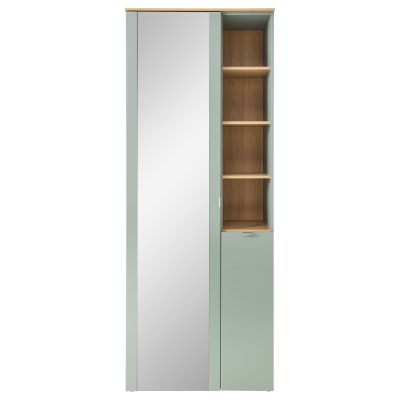 Garderobenschrank frontal aufgenommen, links mit großer Spiegeltür und rechts mit offenen Holzfächern sowie unterem Fach mit Tür.