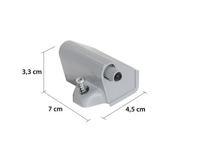 Grauer Drehtürendämpfer mit Schraube, daneben Maßangaben 7 cm Länge, 4,5 cm Tiefe und 3,3 cm Höhe