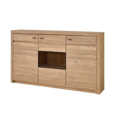 Sideboard in Holzoptik mit zwei Türen einem offenen Mittelfach und drei Schubladen