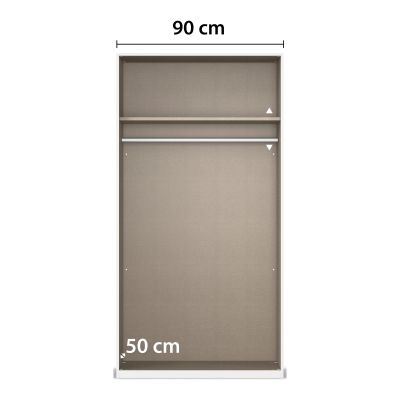 Innenansicht eines Kleiderschranks mit Maßangaben von 90 cm Breite und 50 cm Tiefe sowie Fachboden und Kleiderstange