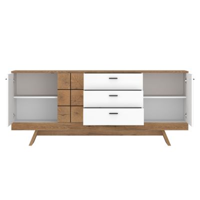 Geöffnetes Sideboard mit drei Schubladen, zwei Türen und großzügigem Stauraum hinter Einlegeböden und Schubkästen