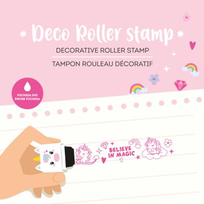 Weißer Deko-Rollstempel im Einhorn-Design, in einer Grafik beim Rollen eines fortlaufenden Dekormusters über Papier gezeigt.