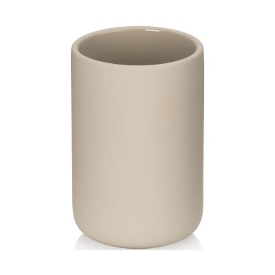 Freigestellter zylindrischer Becher in Beige mit glatter Oberfläche, offener Oberseite und leicht abgerundetem Boden