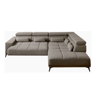 Hellgraues Ecksofa in Cord-Optik mit Ottomane rechts, ausgezogener Sitzfläche, verstellbaren Kopfstützen und Rückenkissen