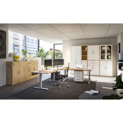 Modernes Büro mit Schreibtischen, Regalen und Schränken in Holz und Weiß, zwei Monitore auf dem Schreibtisch, große Fenster mit Blick auf Gebäude und Pflanzen im Raum