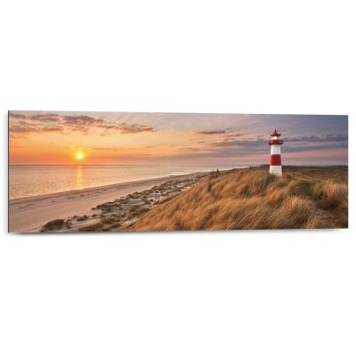 Frontansicht des Wandbilds „Lighthouse Sunset“ in Beige, Größe 30 × 90 cm; das vollständige Motiv ist zu sehen.