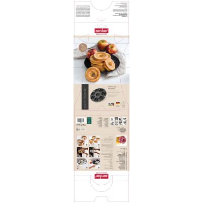 Komplett aufgefaltete Verpackung einer Donut Backform mit Layout, Produktbildern und Informationen