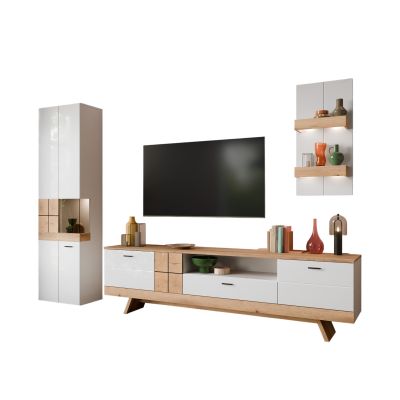 Moderne Wohnwand mit TV-Lowboard, Vitrine und Wandregal in Weiß und Holzoptik