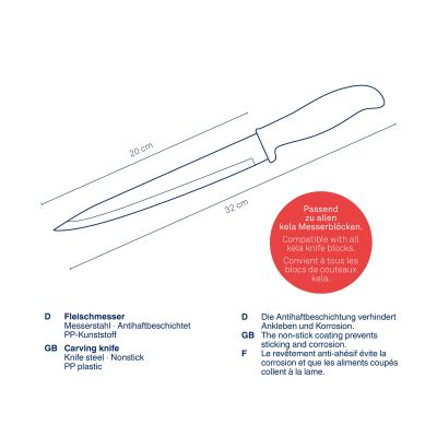 Produktübersicht des Küchenmessers mit Zeichnung und Produktinformationen