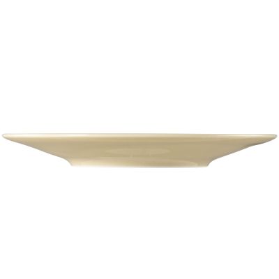 Seitenprofil: Untertasse in Sandbeige. Erkennbar: rund mit konzentrischen Rillen und Tassenmulde.