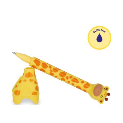 Gelber Kugelschreiber mit Giraffen-Standfuß, waagerecht neben dem Standfuß mit kleinem Tintensymbol dargestellt.