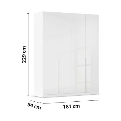 Weißer Drehtürenschrank in Hochglanz mit drei Türen und den Maßen 181 cm Breite, 229 cm Höhe und 54 cm Tiefe