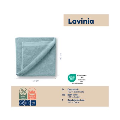 Informationsgrafik mit frostblauem Duschtuch Lavinio und ergänzenden Angaben zu Material und Produkteigenschaften