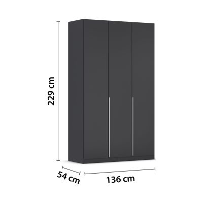 Grau-Metallicer Kleiderschrank mit eingezeichneten Maßen von 229 cm Höhe, 136 cm Breite und 54 cm Tiefe