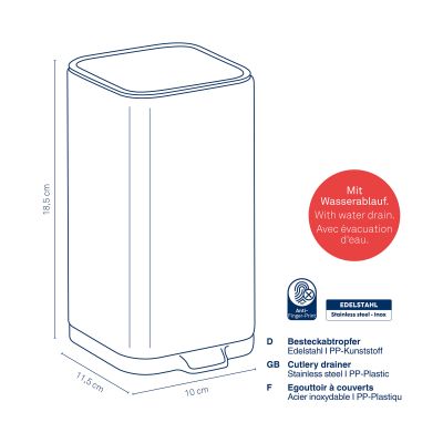 Produktzeichnung eines rechteckigen Besteckabtropfers mit Maßangaben und Materialhinweisen