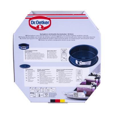 Rückseite der Verpackung zeigt Eigenschaften der Emaille Springform 24 cm von Dr Oetker