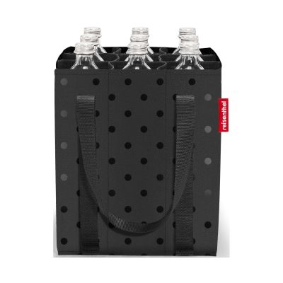 Flaschentasche von Reisenthel, Modell Bottlebag, in Schwarz mit glänzendem Punktemuster, frontal mit mehreren eingesetzten Getränkeflaschen.