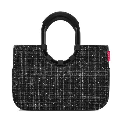 Shopper mit Ringgriffen von Reisenthel, Modell Loopshopper M, in Schwarz mit Bouclé-Struktur, von hinten mit ovalen Ringgriffen