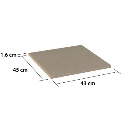 Einlegeboden in Holzoptik mit eingezeichneten Maßen Breite 45 cm, Tiefe 43 cm und Stärke 1,6 cm