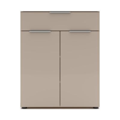 Frontalansicht einer Kommode mit beiger Front, oberer Schublade und zwei unteren Türen.