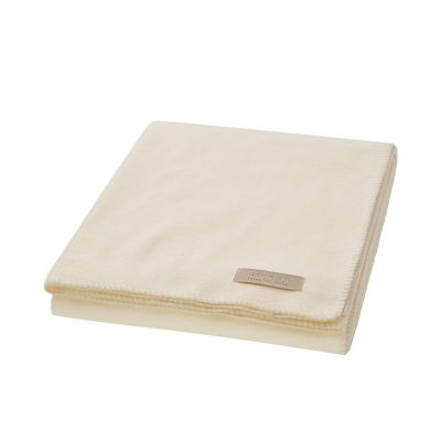Decke Proflax Fleece in Ecru, 160 × 200 cm, sauber gefaltet mit sichtbarer Ziernaht am Rand und kleinem Textillabel.