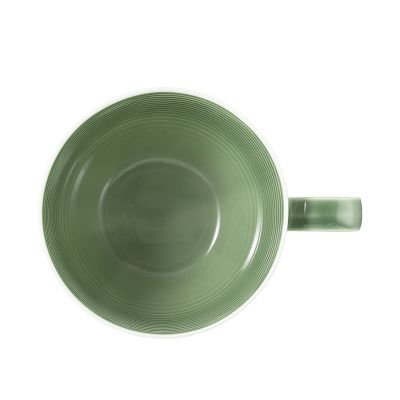 Tasse in Grün. Darstellung: Draufsicht. Merkmale: bauchig mit waagerechter Rillenstruktur und Henkel.