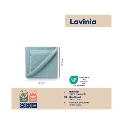Produktdarstellung des frostblauen Handtuchs der Serie Lavinio mit Angaben zu Material und Eigenschaften