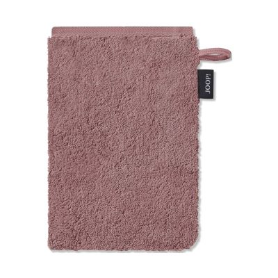 Roséfarbener JOOP! Doubleface Waschhandschuh, 16 × 22 cm, frontal auf weißem Hintergrund; Schlaufe und schwarzes JOOP!-Etikett sind seitlich sichtbar.