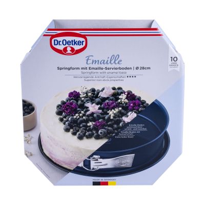 Verpackung der Emaille Springform 28 cm von Dr Oetker mit dekoriertem Kuchen