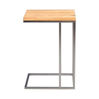 Seitliche Ansicht eines Beistelltischs mit heller Holzplatte und eckigem Metallgestell auf weißem Hintergrund