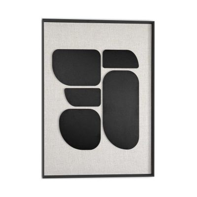Frontansicht des Wandbilds „Organic Blocks Linen Black“ in Schwarz-Weiß, Größe 50 × 70 cm; das vollständige Motiv ist zu sehen.