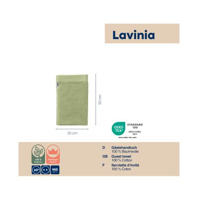Informationsgrafik mit pistaziengrünem Gästetuch Lavinio und ergänzenden Angaben zu Material und Produkteigenschaften