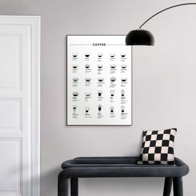 Das Wandbild „Coffee“ in Schwarz-Weiß, 50 × 70 cm, hängt in einem eingerichteten Wohnraum und zeigt die Größenwirkung an der Wand.