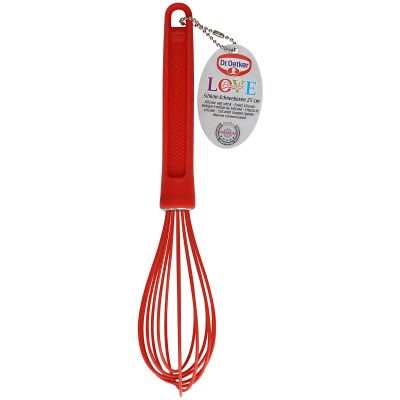 Roter Silikon Schneebesen mit Griff und Produktanhänger von Dr Oetker