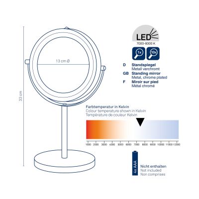 Technische Darstellung des Standspiegels mit Abmessungen Lichtfarben Helligkeitsstufen und Bedienelementen