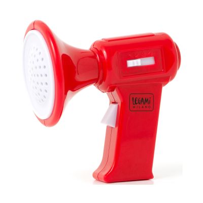 Roter Mini-Stimmenverzerrer, seitlich mit rotem Griff und weißem Schalltrichter dargestellt.
