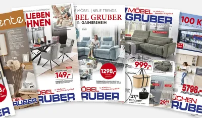 Ausliegende Möbel-Gruber Prospekte mit Küchenjournalen, Wohnjournalen und aktuellen Katalogen als Übersicht