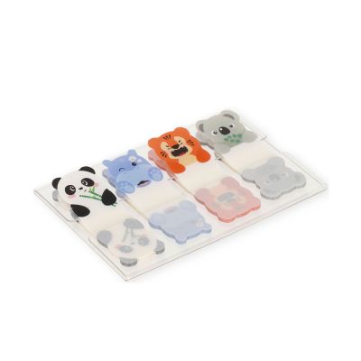 Selbstklebende Seitenmarker mit verschiedenen Tiermotiven, ausgepackt mit mehreren geordneten Motivmarkern gezeigt.